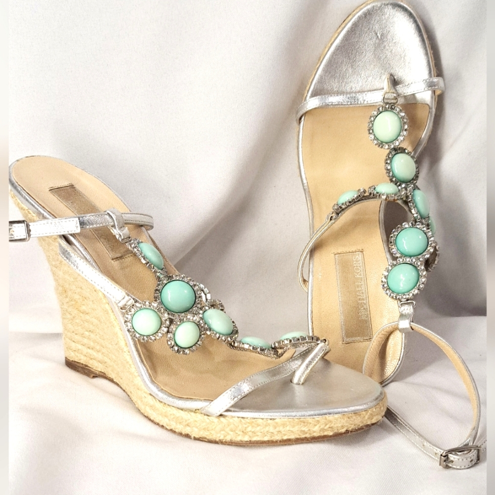 Michael Kors Leather Silver Jewel Turquoise Bling Ankle Strap Espadrille Wedge 7